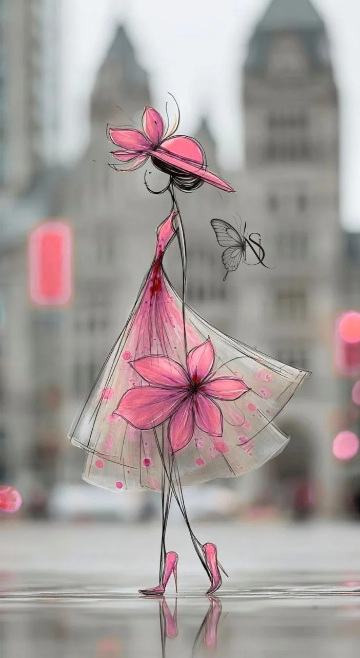 Nuhad illustration: a sketched figure in a rose hat and flower dress on a city street