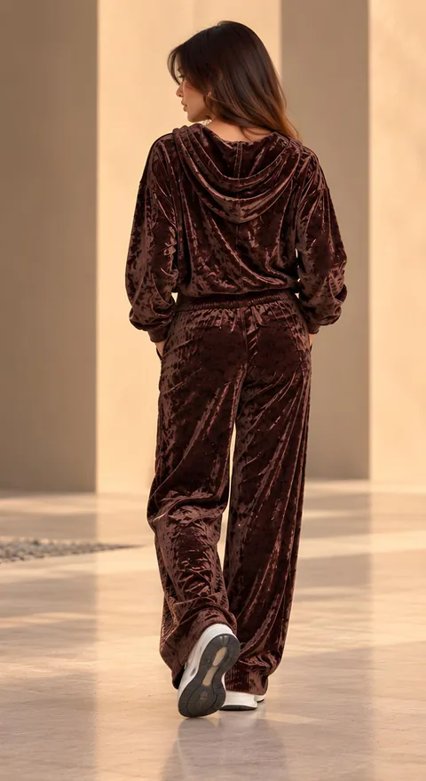 Brown velvet zip hoodie and wide trousers, back
