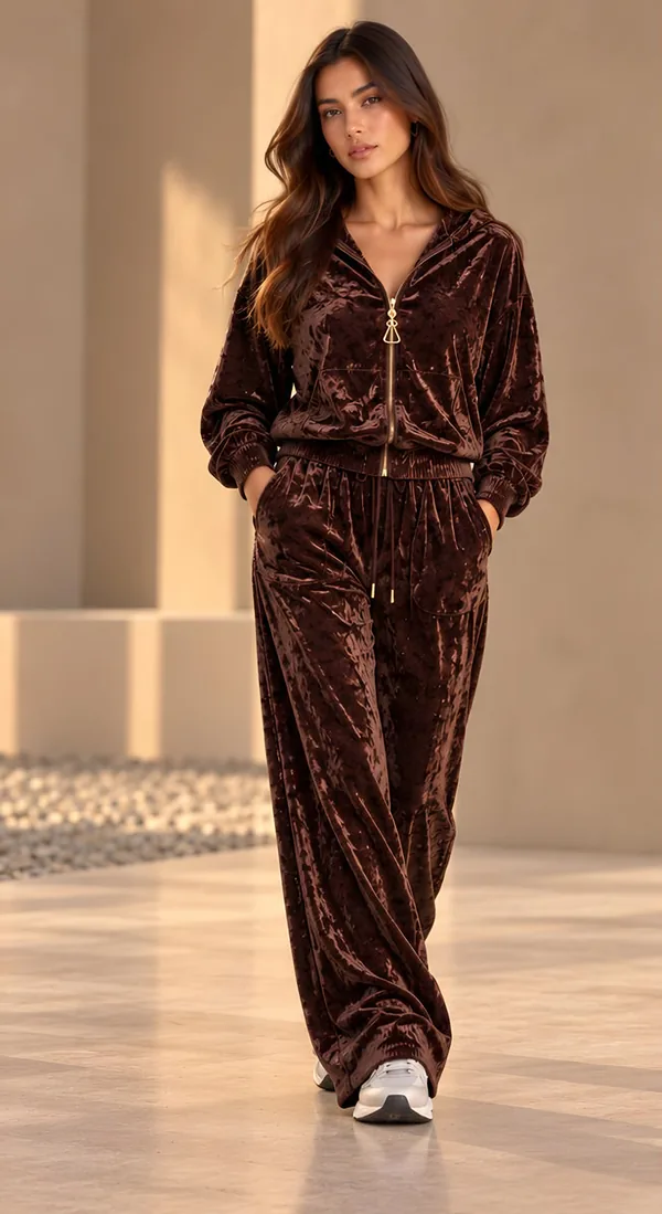Brown velvet zip hoodie and wide trousers, front