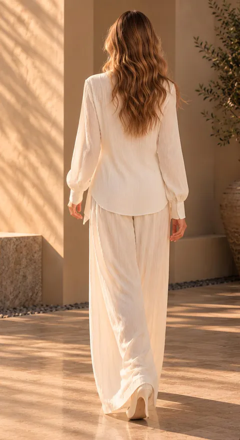 Cream draped top with wide-leg trousers, back