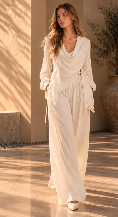 Cream draped top with wide-leg trousers, front