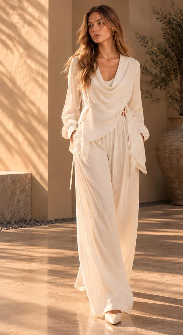 Cream draped top with wide-leg trousers, front