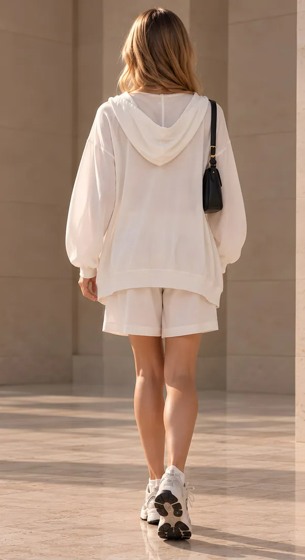 Cream oversized hoodie with matching shorts, back
