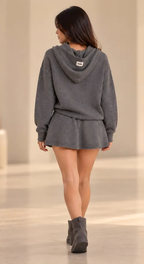 Grey knitted hoodie with matching shorts, back