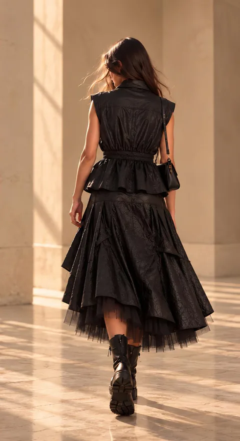 Black sleeveless vest over a layered tulle skirt, back