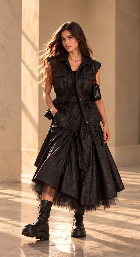 Black sleeveless vest over a layered tulle skirt, front