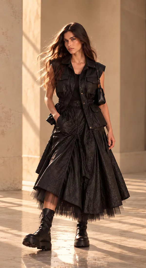 Black sleeveless vest over a layered tulle skirt, front