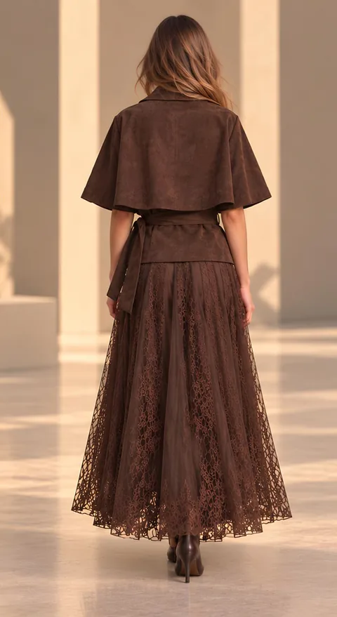 Brown belted cape jacket with a long lace skirt, back