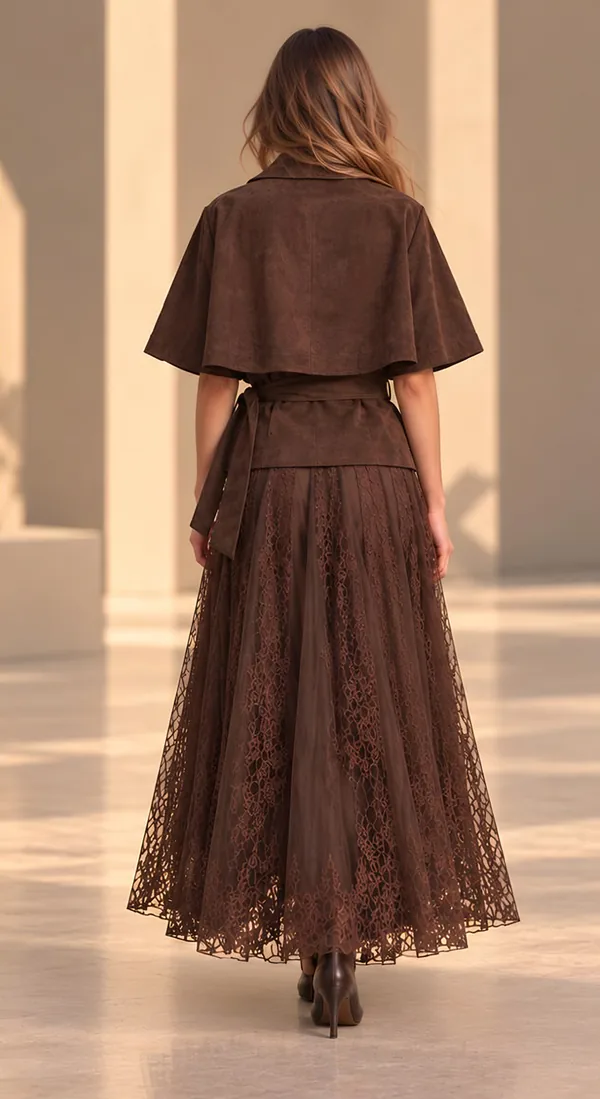 Brown belted cape jacket with a long lace skirt, back