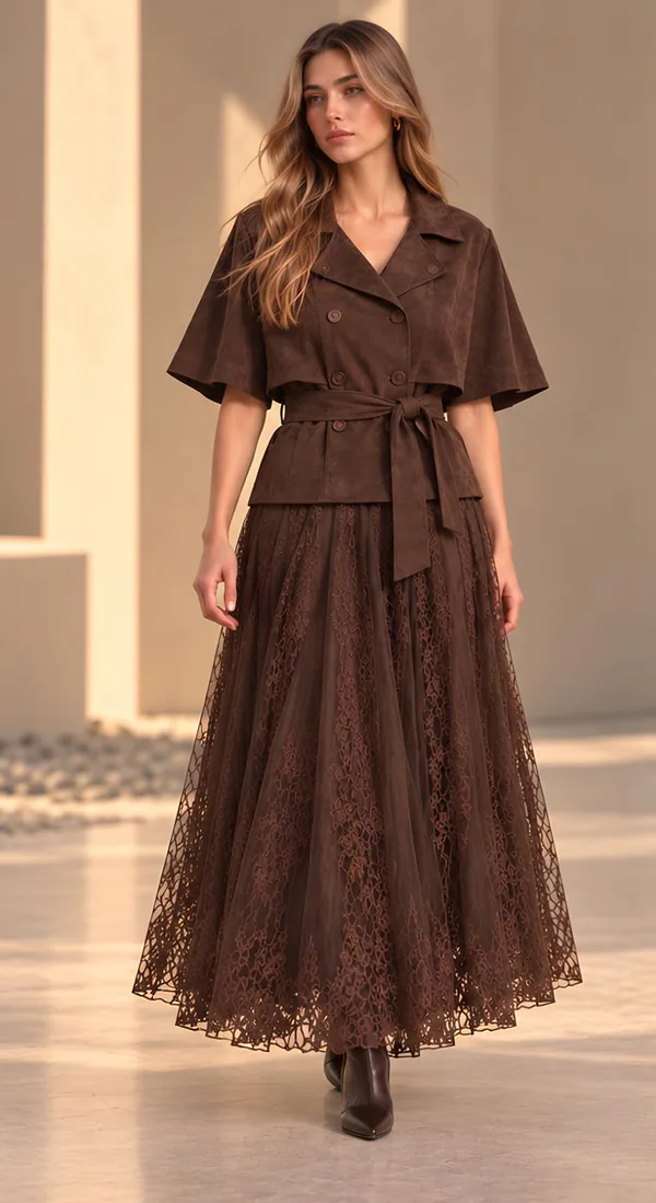 Brown belted cape jacket with a long lace skirt, front