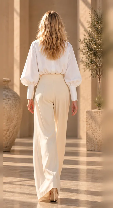 White poplin shirt with high-waisted pleated trousers, back