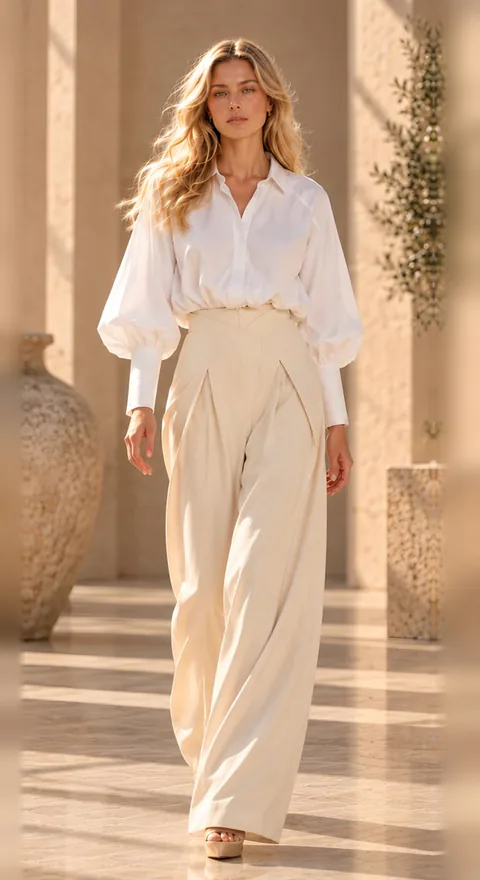 White poplin shirt with high-waisted pleated trousers, front