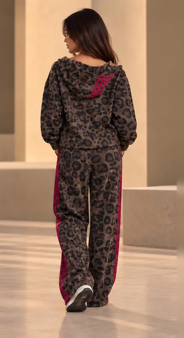 Dark leopard hoodie set with magenta side stripes, back