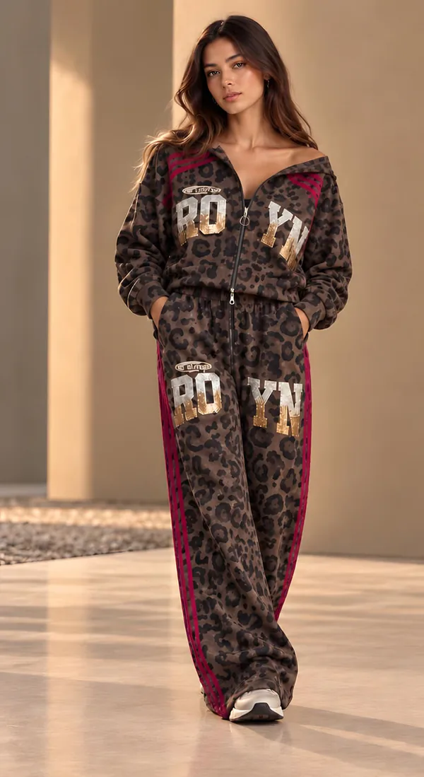 Dark leopard hoodie set with magenta side stripes, front