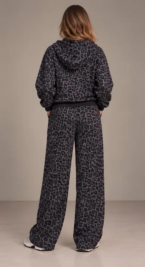 Grey leopard hoodie and wide trousers, back
