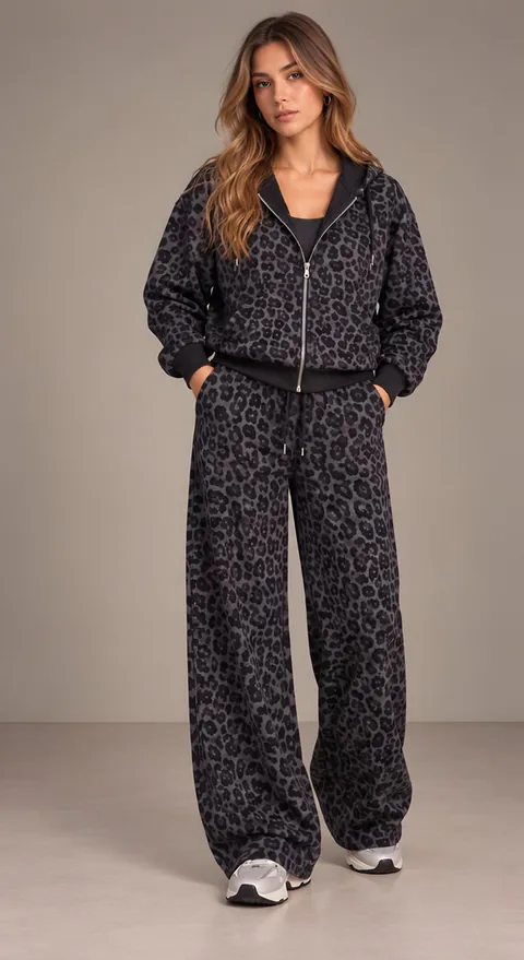 Grey leopard hoodie and wide trousers, front
